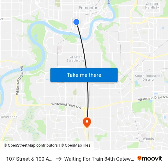 107 Street & 100 Avenue to Waiting For Train 34th Gateway Blvd. map
