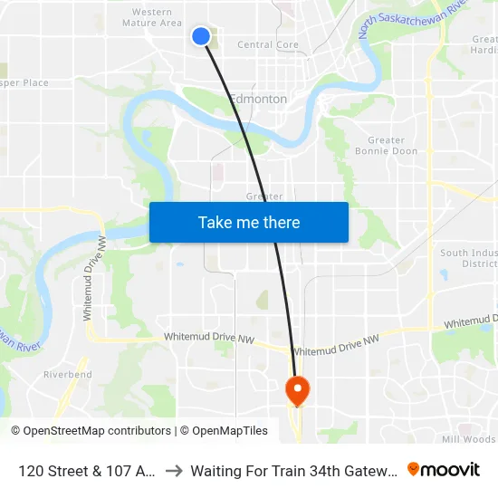 120 Street & 107 Avenue to Waiting For Train 34th Gateway Blvd. map