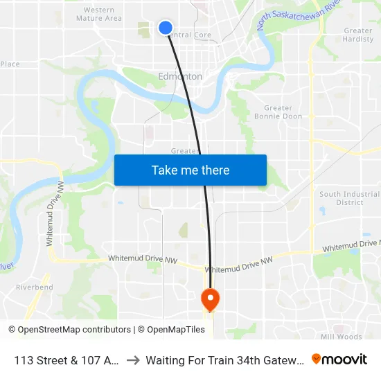 113 Street & 107 Avenue to Waiting For Train 34th Gateway Blvd. map