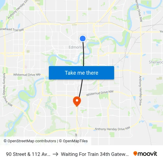 90 Street & 112 Avenue to Waiting For Train 34th Gateway Blvd. map