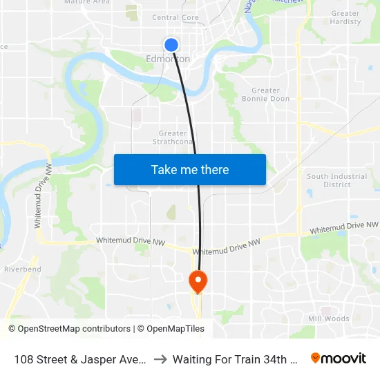108 Street & Jasper Avenue Nearside to Waiting For Train 34th Gateway Blvd. map