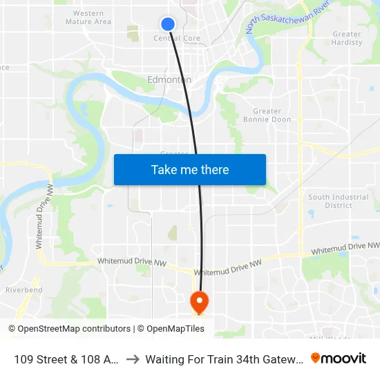 109 Street & 108 Avenue to Waiting For Train 34th Gateway Blvd. map