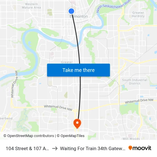 104 Street & 107 Avenue to Waiting For Train 34th Gateway Blvd. map