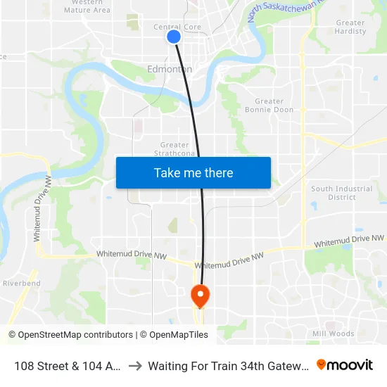 108 Street & 104 Avenue to Waiting For Train 34th Gateway Blvd. map