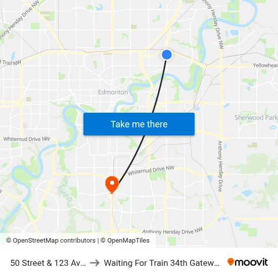 50 Street & 123 Avenue to Waiting For Train 34th Gateway Blvd. map