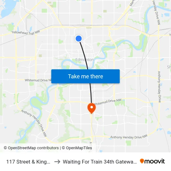 117 Street & Kingsway to Waiting For Train 34th Gateway Blvd. map