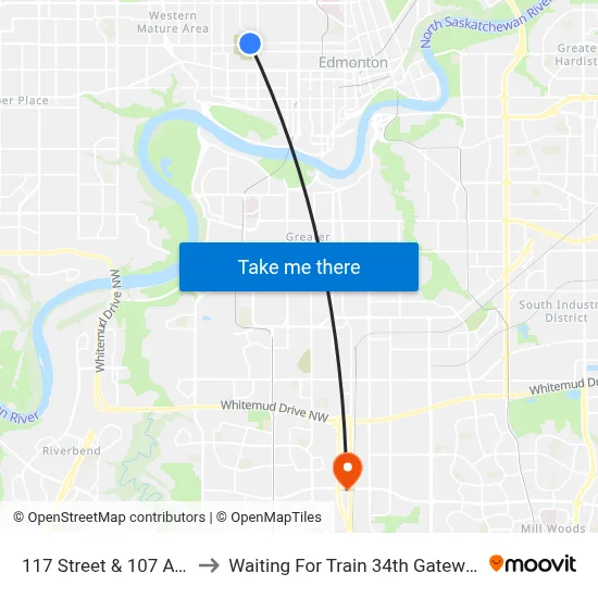 117 Street & 107 Avenue to Waiting For Train 34th Gateway Blvd. map
