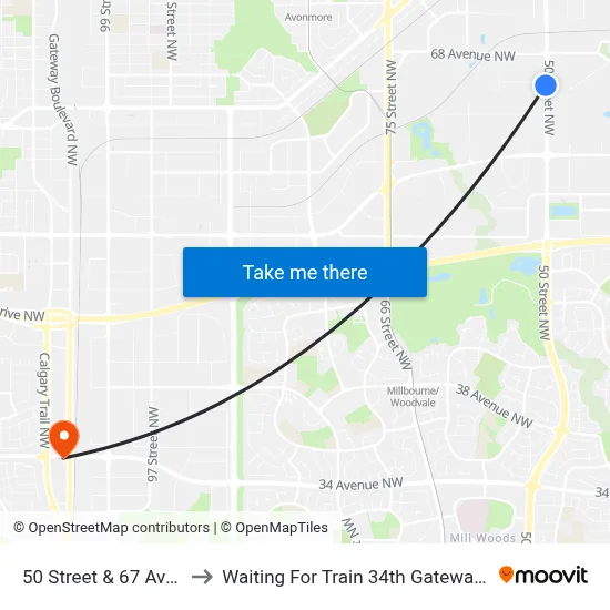 50 Street & 67 Avenue to Waiting For Train 34th Gateway Blvd. map