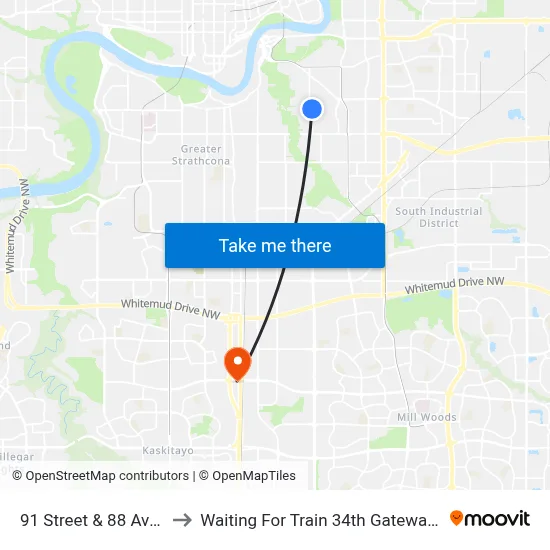 91 Street & 88 Avenue to Waiting For Train 34th Gateway Blvd. map