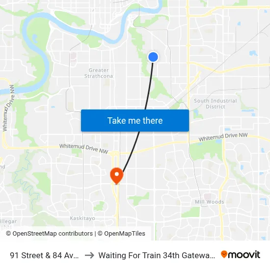 91 Street & 84 Avenue to Waiting For Train 34th Gateway Blvd. map
