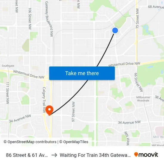 86 Street & 61 Avenue to Waiting For Train 34th Gateway Blvd. map