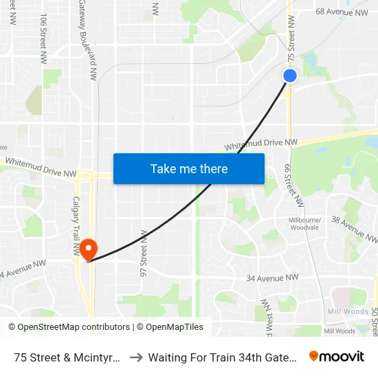 75 Street & Mcintyre Road to Waiting For Train 34th Gateway Blvd. map