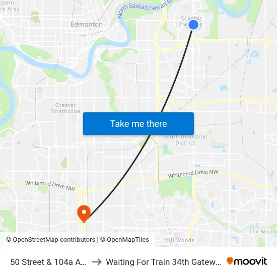 50 Street & 104a Avenue to Waiting For Train 34th Gateway Blvd. map