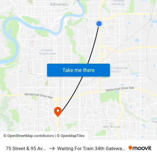75 Street & 95 Avenue to Waiting For Train 34th Gateway Blvd. map