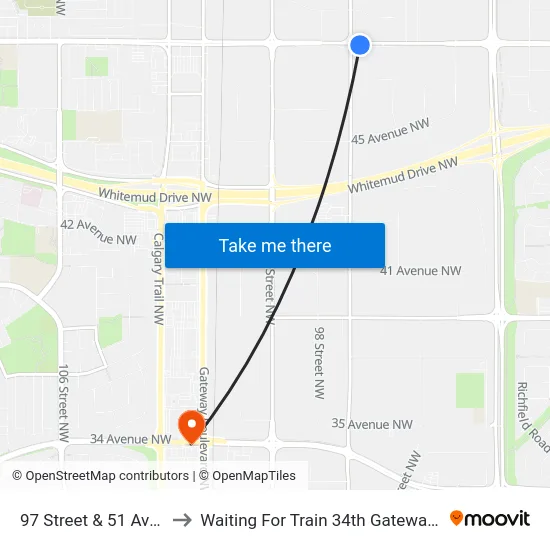 97 Street & 51 Avenue to Waiting For Train 34th Gateway Blvd. map