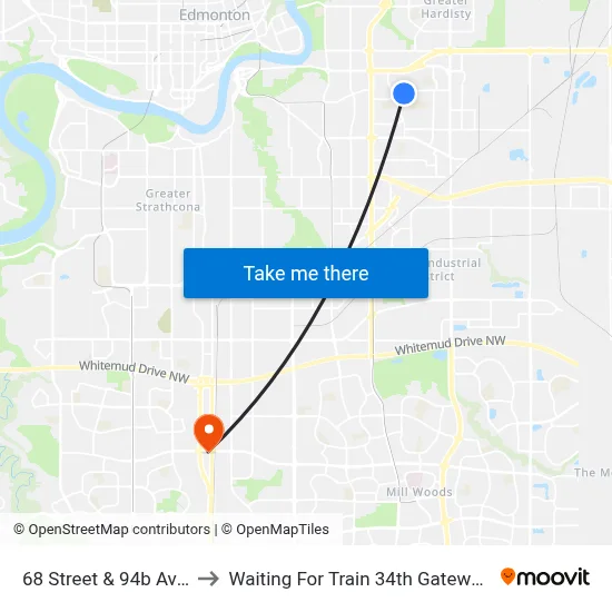 68 Street & 94b Avenue to Waiting For Train 34th Gateway Blvd. map