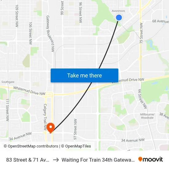 83 Street & 71 Avenue to Waiting For Train 34th Gateway Blvd. map