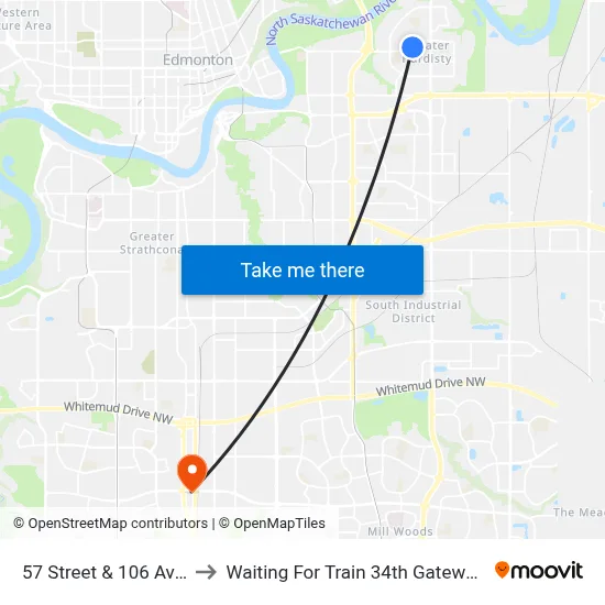 57 Street & 106 Avenue to Waiting For Train 34th Gateway Blvd. map