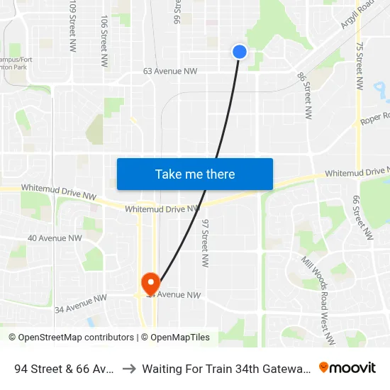 94 Street & 66 Avenue to Waiting For Train 34th Gateway Blvd. map