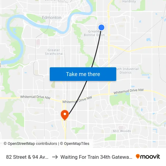 82 Street & 94 Avenue to Waiting For Train 34th Gateway Blvd. map