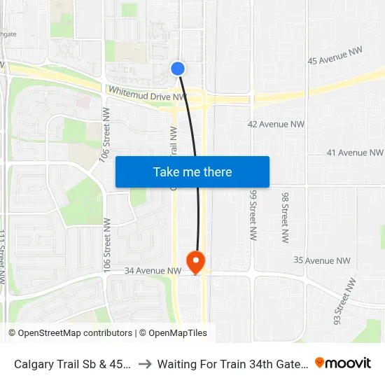 Calgary Trail Sb & 45 Avenue to Waiting For Train 34th Gateway Blvd. map