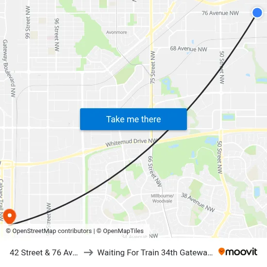42 Street & 76 Avenue to Waiting For Train 34th Gateway Blvd. map