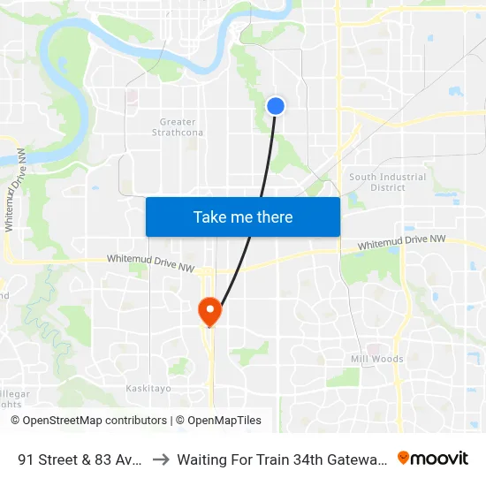 91 Street & 83 Avenue to Waiting For Train 34th Gateway Blvd. map
