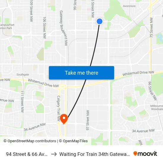 94 Street & 66 Avenue to Waiting For Train 34th Gateway Blvd. map