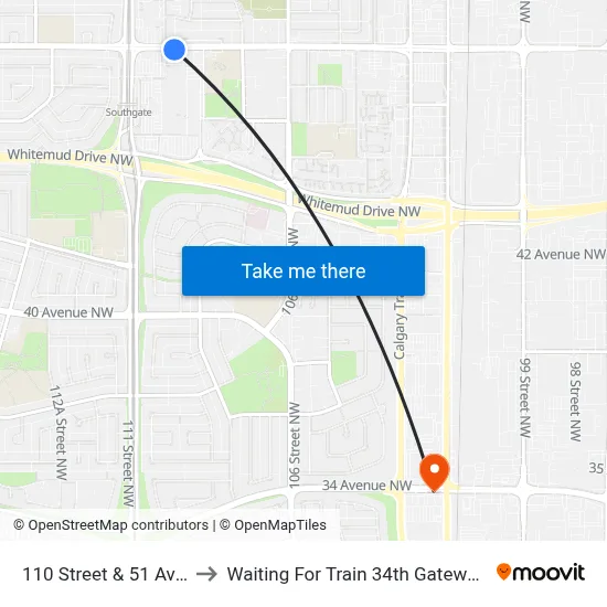 110 Street & 51 Avenue to Waiting For Train 34th Gateway Blvd. map