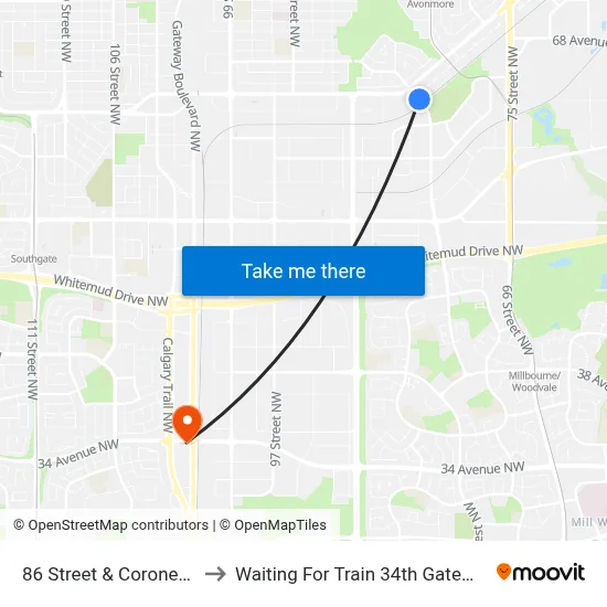 86 Street & Coronet Road to Waiting For Train 34th Gateway Blvd. map