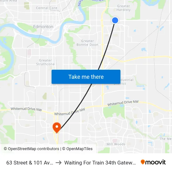 63 Street & 101 Avenue to Waiting For Train 34th Gateway Blvd. map