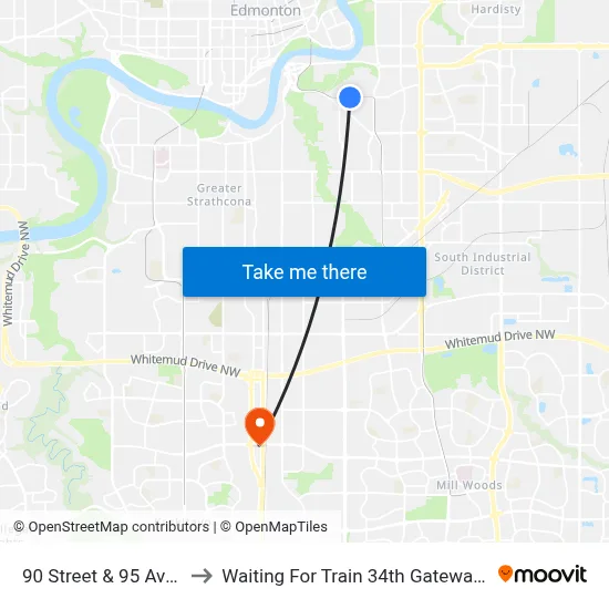 90 Street & 95 Avenue to Waiting For Train 34th Gateway Blvd. map