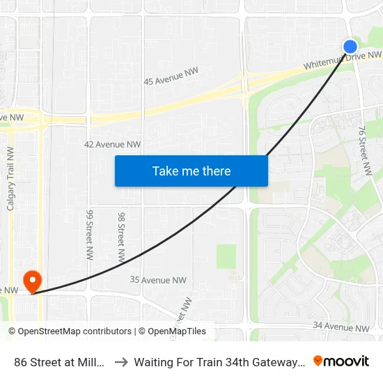 86 Street at Millgate to Waiting For Train 34th Gateway Blvd. map