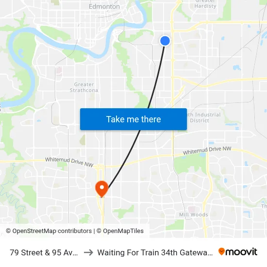79 Street & 95 Avenue to Waiting For Train 34th Gateway Blvd. map