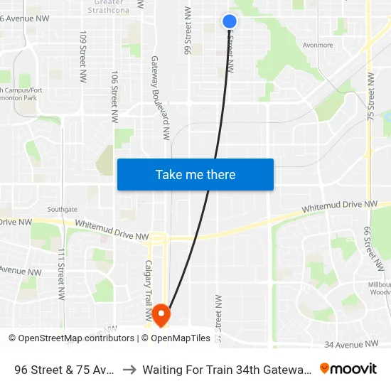 96 Street & 75 Avenue to Waiting For Train 34th Gateway Blvd. map
