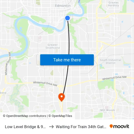 Low Level Bridge & 98 Avenue to Waiting For Train 34th Gateway Blvd. map