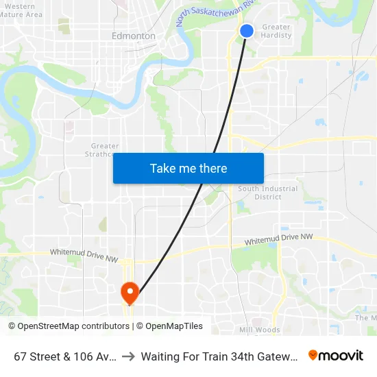67 Street & 106 Avenue to Waiting For Train 34th Gateway Blvd. map