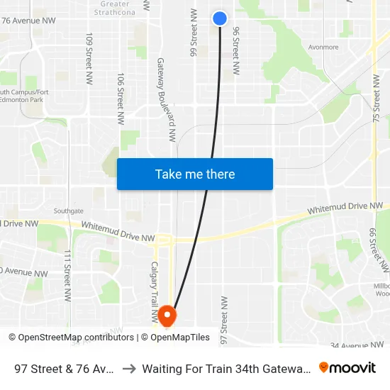 97 Street & 76 Avenue to Waiting For Train 34th Gateway Blvd. map