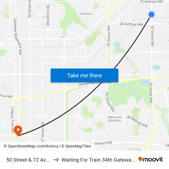 50 Street & 72 Avenue to Waiting For Train 34th Gateway Blvd. map
