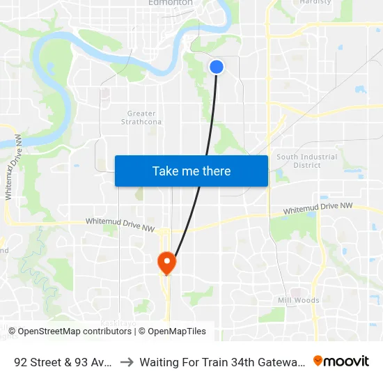 92 Street & 93 Avenue to Waiting For Train 34th Gateway Blvd. map