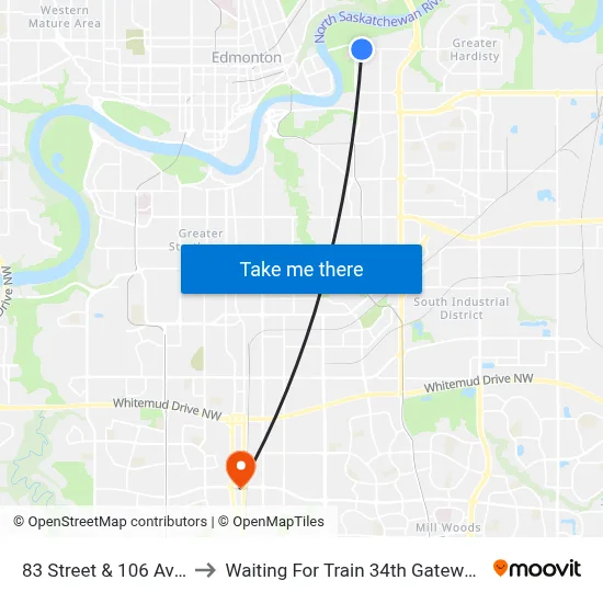 83 Street & 106 Avenue to Waiting For Train 34th Gateway Blvd. map