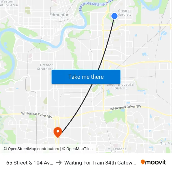 65 Street & 104 Avenue to Waiting For Train 34th Gateway Blvd. map