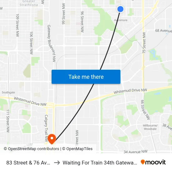 83 Street & 76 Avenue to Waiting For Train 34th Gateway Blvd. map