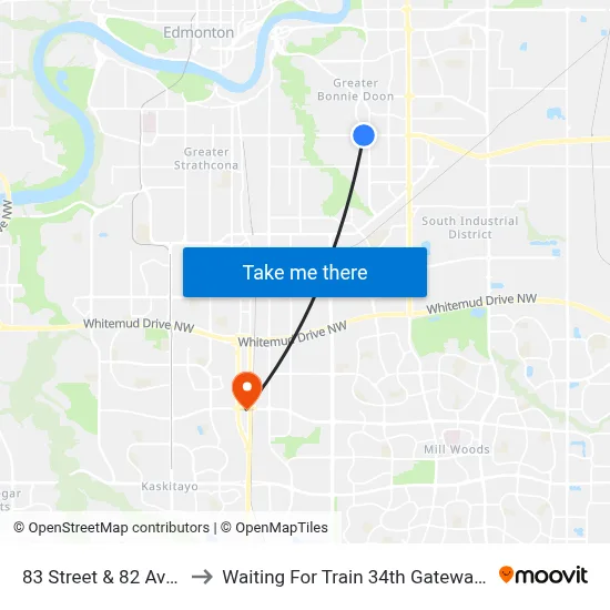 83 Street & 82 Avenue to Waiting For Train 34th Gateway Blvd. map