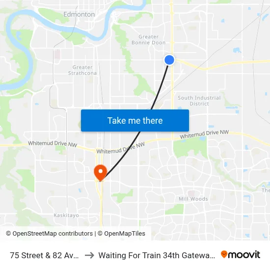 75 Street & 82 Avenue to Waiting For Train 34th Gateway Blvd. map