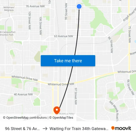 96 Street & 76 Avenue to Waiting For Train 34th Gateway Blvd. map