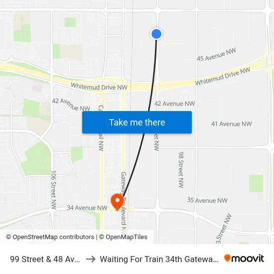 99 Street & 48 Avenue to Waiting For Train 34th Gateway Blvd. map
