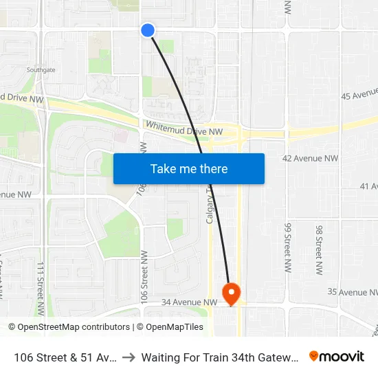 106 Street & 51 Avenue to Waiting For Train 34th Gateway Blvd. map