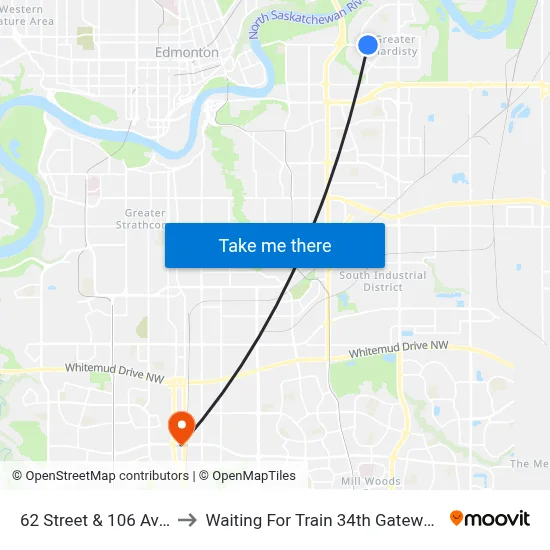 62 Street & 106 Avenue to Waiting For Train 34th Gateway Blvd. map