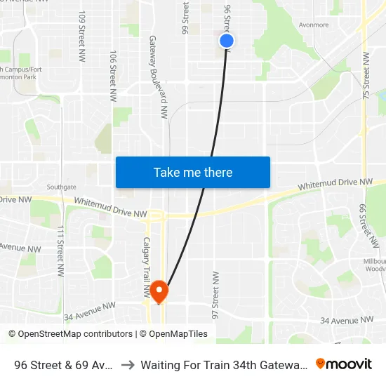 96 Street & 69 Avenue to Waiting For Train 34th Gateway Blvd. map